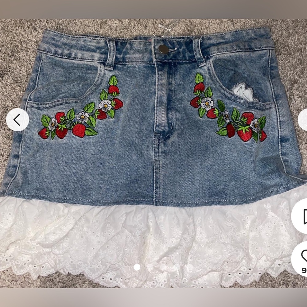 Dolls Kill x Strawberry Shortcake Fresh Picked Mini Denim Skirt Womens Medium